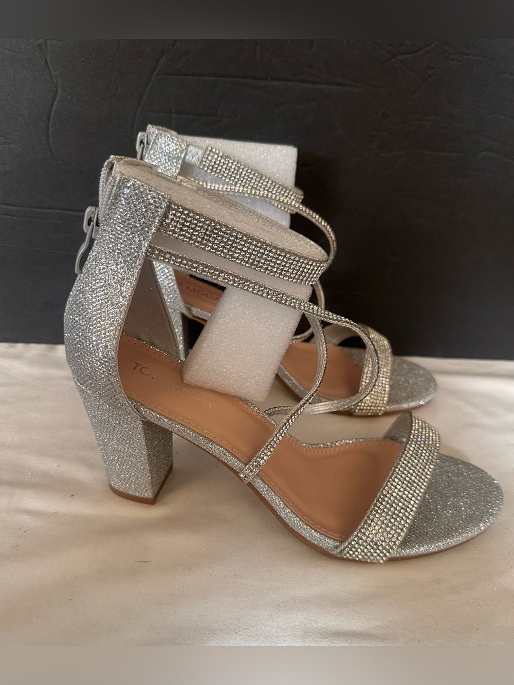 TOP Moda Silver Rhinestone Block Heel Sandals